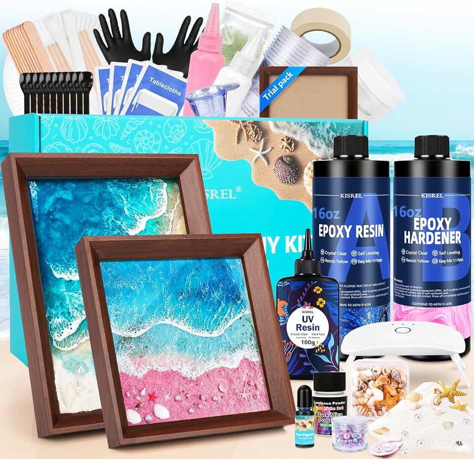 KISREL Ocean Resin Art Kit, Clear Epoxy Resin Kit with Frames, Beginner DIY Ocean Painting Full Set of Tools + Tutorials, Great Gift for Craft Lovers, Adult Stress Relief Creative Crafts