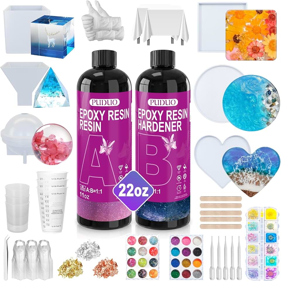Puduo Epoxy Resin Kit for Beginners 22OZ, Resin Kit with Molds | Epoxy Resin Kit wiht Dried Flowers, Measuring Cups and Resins Suppliesand Pump, Easy to Mix 1:1 Ratio