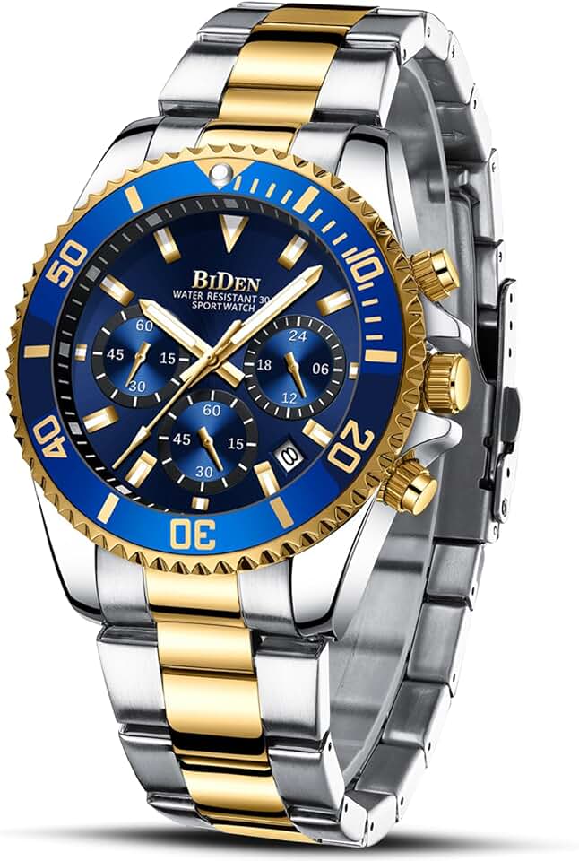 BIDEN Mens Watches Chronograph Gold Blue Stainless Steel Waterproof Date Analog Quartz Watch Business Casual Fashion Wristwatches for Men