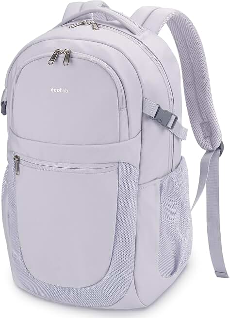 ECOHUB Travel Backpack for Women, 17.3 inch Suspended Laptop Backpack, Fashion Water-Resistant 28L Personal Item Bag with 12 Pockets for Causal, Work, Grey Global Recycled Standard