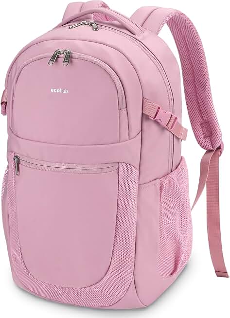 ECOHUB Travel Backpack for Women, 17.3 inch Suspended Laptop Backpack, Fashion Water-Resistant 28L Personal Item Bag with 12 Pockets for Causal, Work, Pink Global Recycled Standard