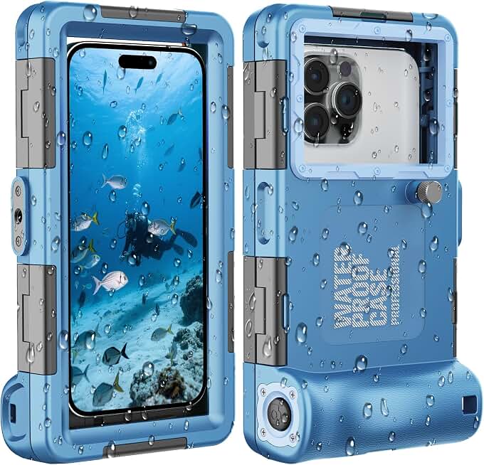 2026Underwater Snorkeling Diving Phone Case for iPhone 17/16/15/14/13/ Pro Max/XR/XS/X Galaxy S24/S23/S22.[50ft/15m] Professional Scuba Dive Waterproof Case Underwater Photo Video Blue
