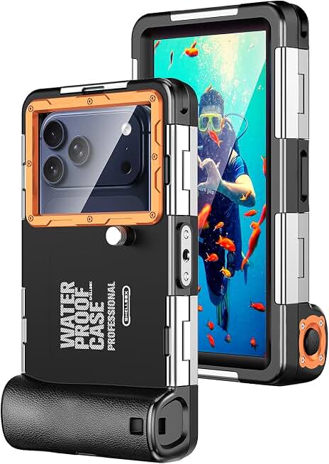 Hllhunkhe Universal Underwater Phone Case for Snorkeling, Professional Diving Waterproof Phone Case for iPhone 7-17 Pro/Pro Max/Plus/Mini, Galaxy S10-S25 Ultra/Plus and Most Phones,Black/Orange