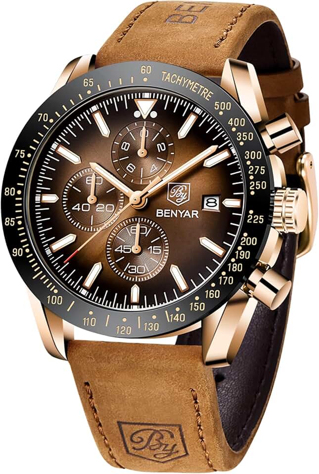 BENYAR Watch for Men Analog Quartz Chronograph Waterproof Luminous Designer Mens Wrist Watches Business Work Sport Casual Dress Watch with Silicone Strap Elegant Gifts for Him