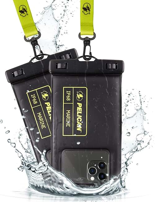 Pelican 2 Pack Marine Waterproof Phone Pouch (Regular) -Black/Hi-Vis Yellow | Touchscreen IP68 Floating Waterproof Phone Case w/Detachable Lanyard - Fits All Phones - Beach Cruise Ship Travel Essentials