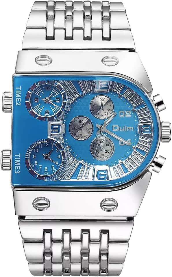 CARLIEN Men’s Luxury Rectangle Square Gold Silver Big Face Luminous Waterproof Quartz Watch Sports Multi-Time Zone Military Stainless Steel Male Dress Wrist Watch