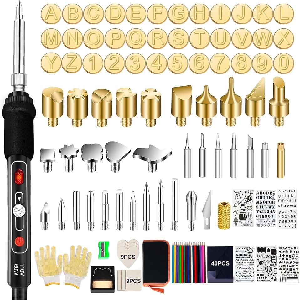 Wood Burning Kit, 163 Pcs Wood Burner Tool Kit with letters and numbers, Pyrography Pen with Adjustable Temperature Control Various Tips Stencils, Woodworking Leather Embossing Carving Soldering-black