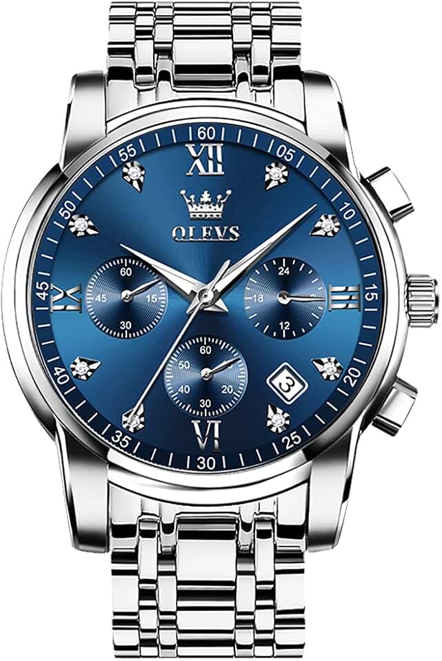 OLEVS Men's Stainless Steel Chronograph Watch, Big Face Gold Silver Black Tone Easy to Read Analog Quartz Watch, Luxury Waterproof Date Diamond Roman Arabic Numerals Dial Dress Timepiece for Men