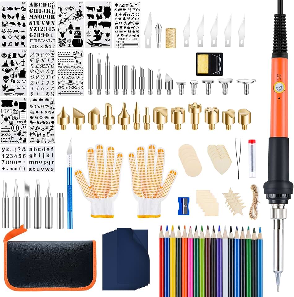 Fohil Wood Burning Kit for Adult Begineers, 120pcs Wood Burning Pen Tool Set with Adjustable Temperature 200~450 °C Switch Pyrography Pen Kit for Embossing Carving Soldering