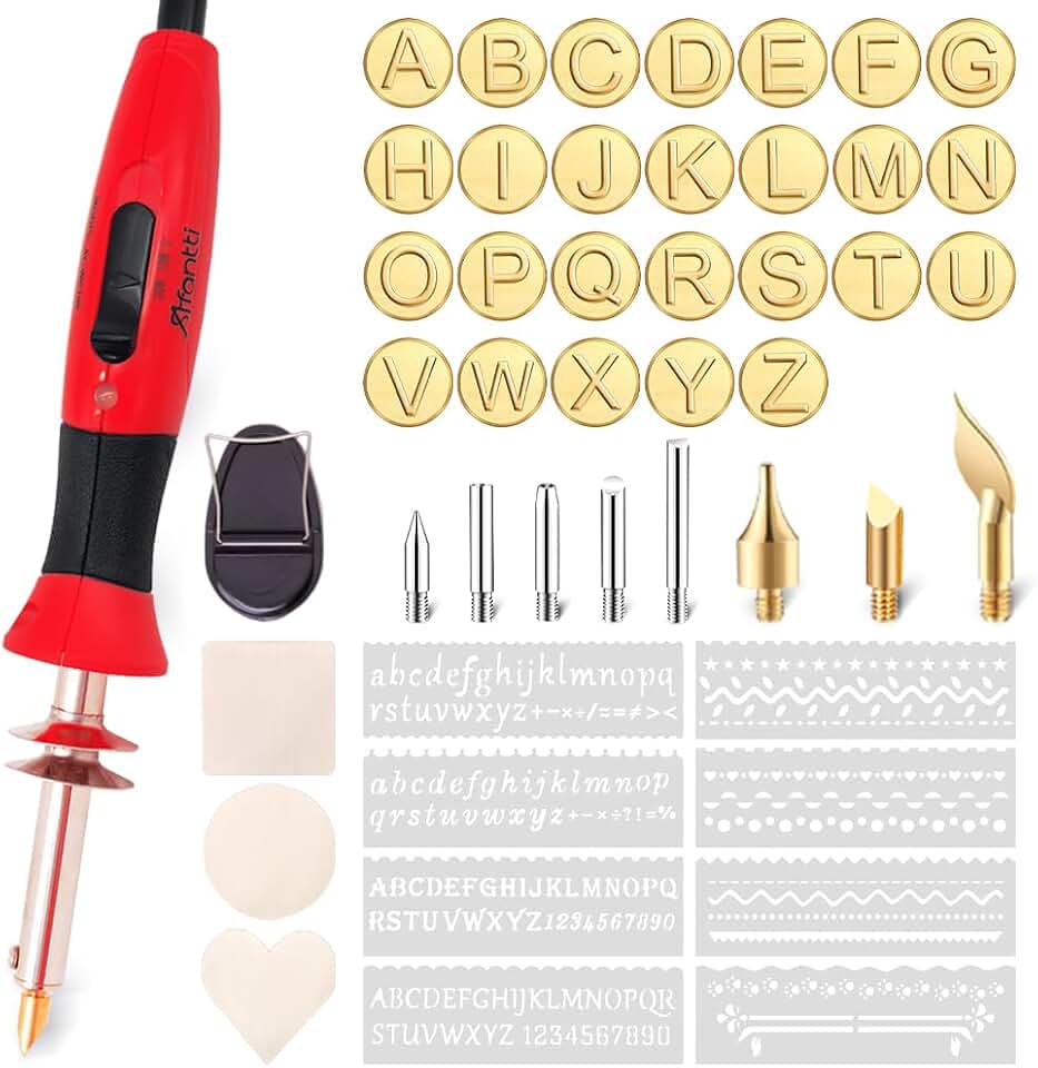 Wood Burning Pen Kit Leather Pyrography Tool | 26 Letter | 8 Stencil | Temperature Adjustable | for Adults Woodburning Burner Engraver Carver Crafts