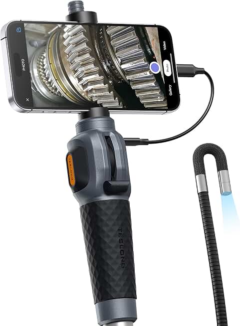 Teslong USB-C Two-Way Articulating Borescope for Home &amp; Auto Inspection | Endoscope Camera 5FT Cable &amp; 8 LEDs - Flexible Snake Scope for Pipe, Wall, Engine, Compatible with iPhone 15+ &amp; Android