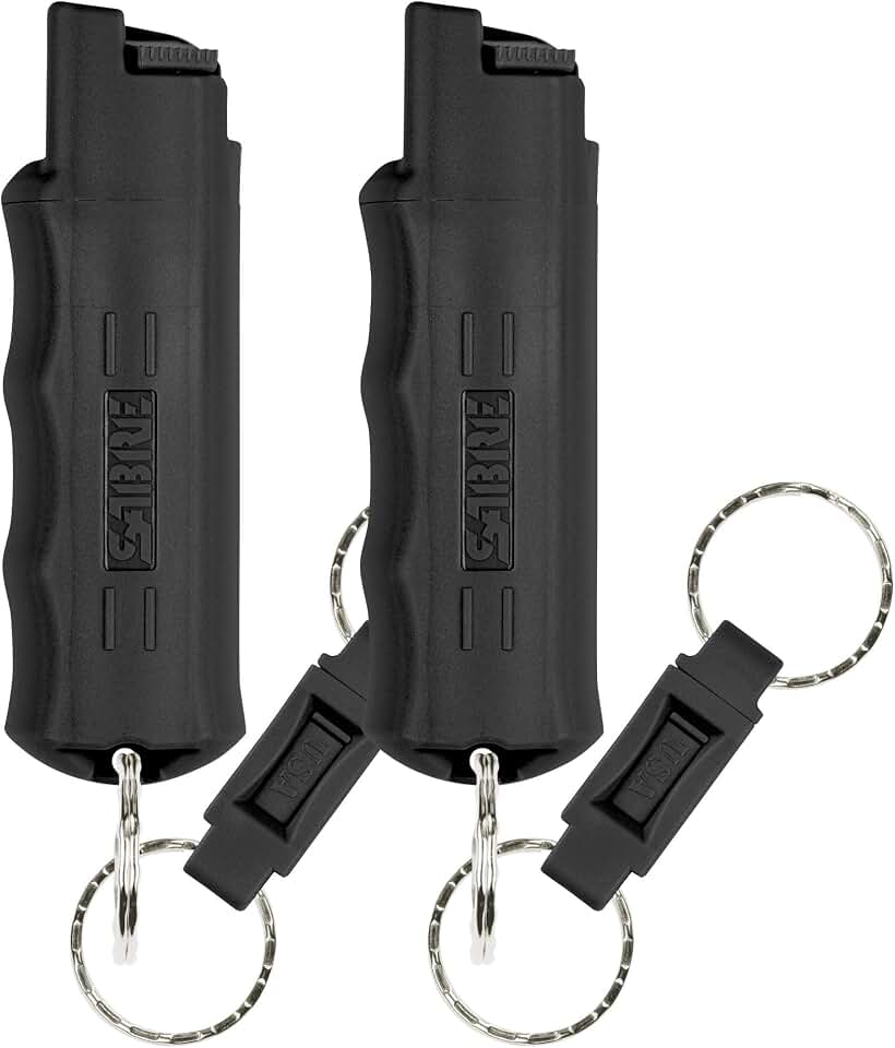 Sabre Pepper Spray with Quick Release Keychain for Self Defense – Maximum Police Strength OC Spray with UV Marking Dye, Twist Lock Safety, Finger Grip, 10‑Second Spray, 14‑ft Range, Made in USA