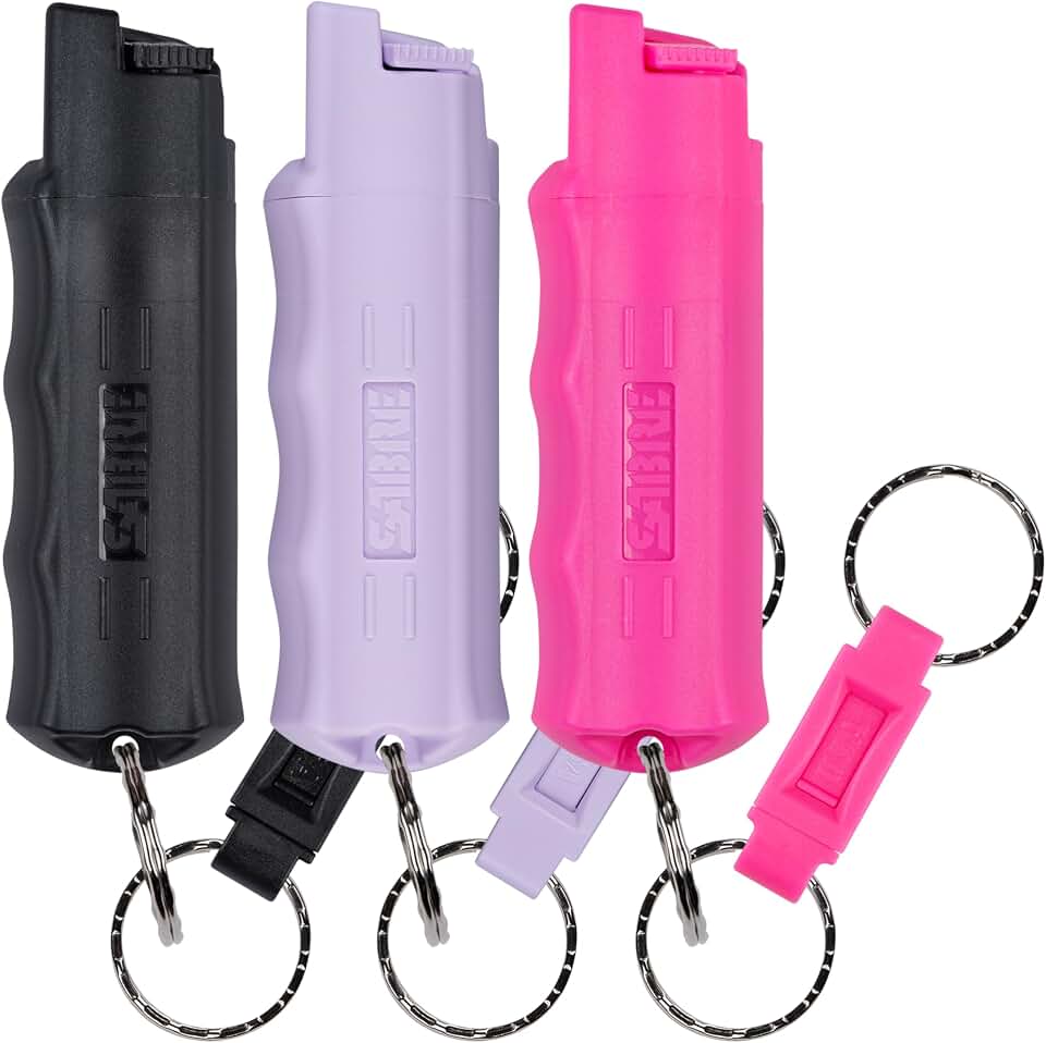 Sabre Pepper Spray with Quick Release Keychain for Self Defense – Multi Pack Max Strength OC with UV Marking Dye, Twist Lock Safety, Finger Grip, 10‑Sec. Spray, 14‑ft Range, Made in USA, 0.54 fl oz