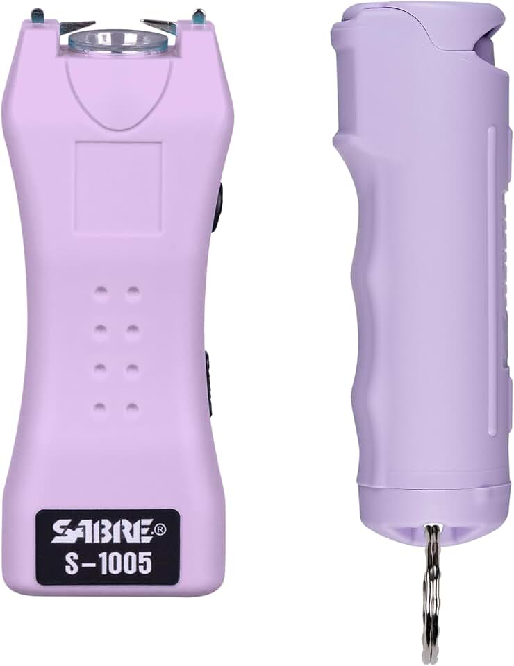 SABRE Pepper Spray &amp; 2‑in‑1 Stun Gun with Flashlight Self Defense Kit – Fast Flip Top 10‑Second Safety Spray with Finger Grip &amp; Keychain – Rechargeable Stun Gun, 1.60 µC Charge, 120‑Lumen LED Light
