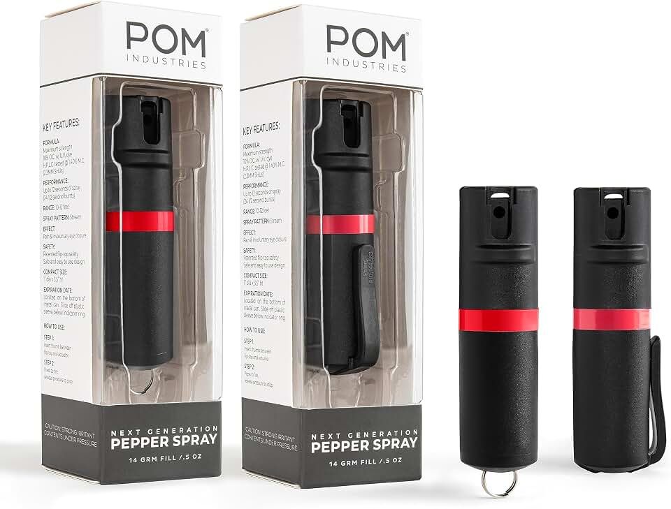 POM Pepper Spray Combo Pack Clip &amp; Keychain - Maximum Strength OC Spray Self Defense- Tactical Compact &amp; Safe Design - 25 Bursts &amp; 10 ft Range - Stream Spray Pattern