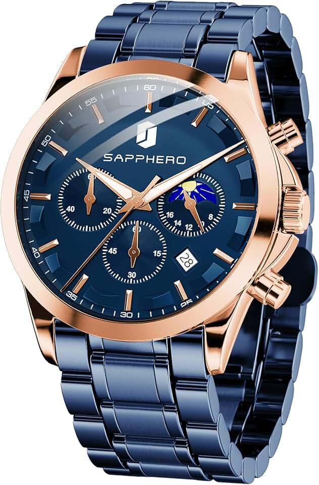 SAPPHERO Chronograph Watches for Men, Original Business Casual Stainless Steel Analog Watch 50M Waterproof Luminous Timepiece with Date Dial, Mens Gift