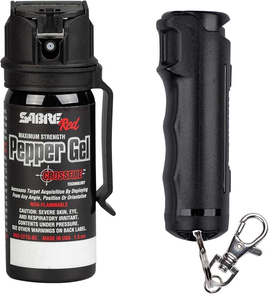 SABRE Crossfire Pepper Gel - 360° Spray for Defense at Any Angle, Maximum Strength Police-Grade OC Pepper Spray with UV Marking Dye, 20‑Foot Tactical Range, Fast Flip Top Safety, Belt Clip, 1.5 fl oz