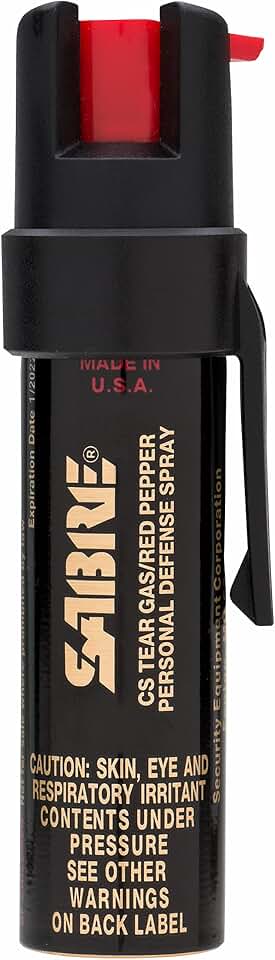 Sabre Compact 3‑in‑1 Pepper Spray, Tear Gas &amp; UV Marking Dye Defense Spray - Maximum Police Strength OC Spray, Up to 16-ft Range, 13 Second Spray Time, Twist Lock Safety with Belt Clip, 0.75 fl oz