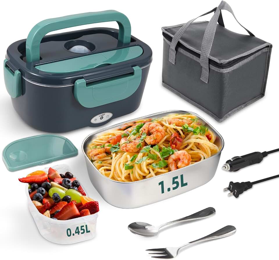 SOHIDA 1.5L Electric Lunch Box Food Heater, 80W Heated Lunch Box (Green) | Portable Warmer for Car/Truck/Work, 12V/24V/110V Lonchera Eléctrica Portátil, Suitable for Ideal Driver/Work/Gift