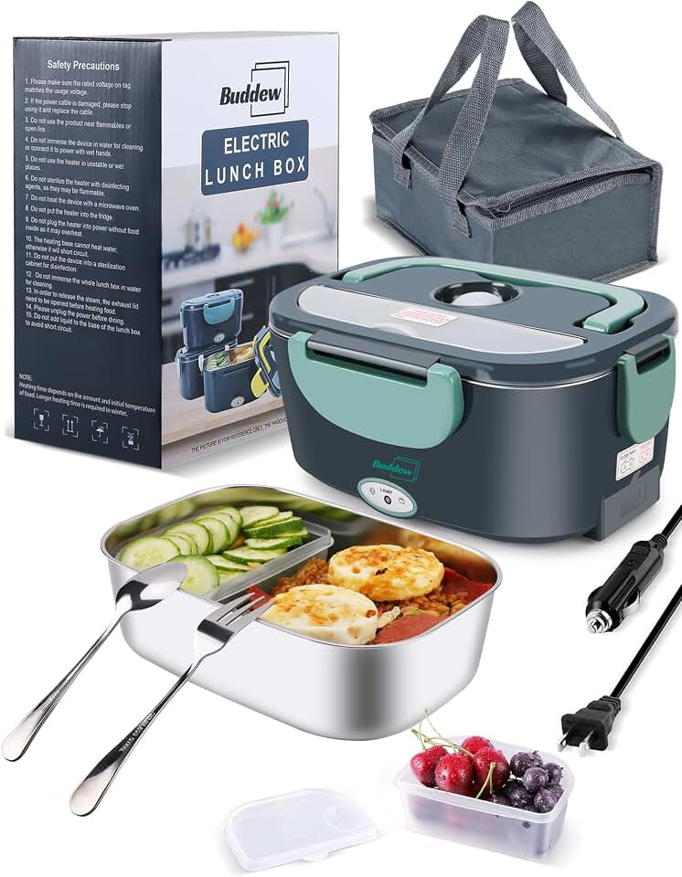 Buddew Electric Heated Lunch Box, 100W Fast Heating, 1.5L Food-Grade 304 Stainless Steel, 12V/24V/110V Portable Food Warmer for Car Truck Office Adults, Lonchera Electrica Portatil (Green)