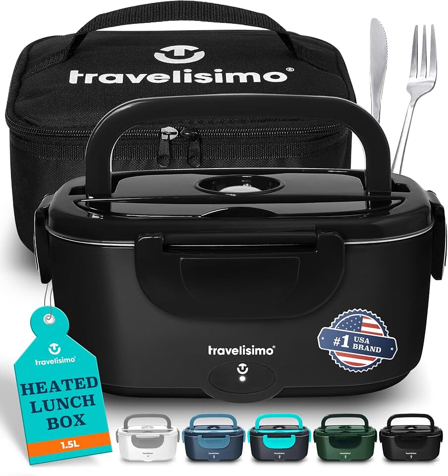 TRAVELISIMO Electric Lunch Box for Adults 100W Heated Lunch Box For Men 1.5L Stainless Steel Portable Food Warmer, 12/24/110V for Travel &amp; Work, Loncheras Electricas Para Calentar almuerzo