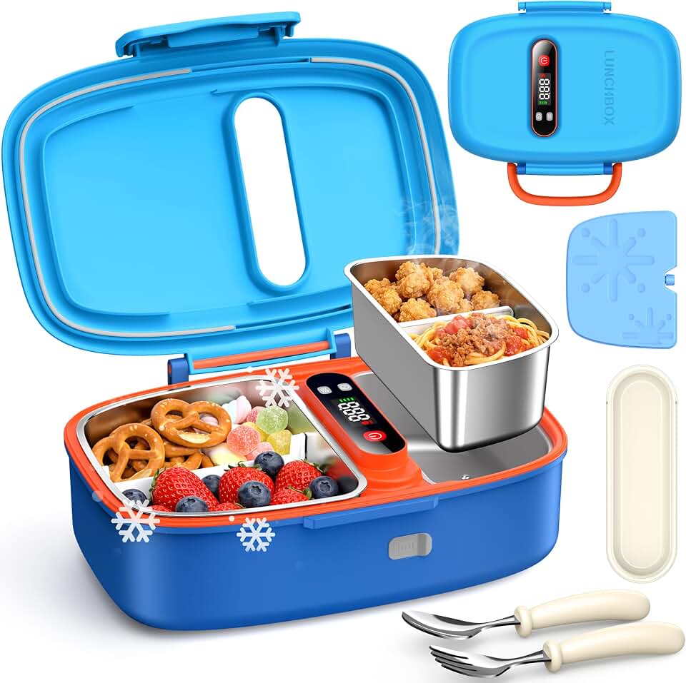 EAST OAK Cordless Electric Lunch Box for Kids with Ice Pack, Scheduled Heat | Chill &amp; Warm Zone Lunch Box, Portable Leak-Proof Bento Box with Utensils, Removable Divider for Girls Boys Navy Blue
