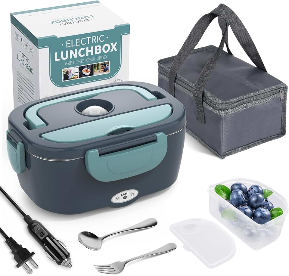 Herrfilk Electric Lunch Box Food Heater, 3 in 1 Ultra Quick Heated Lunch Boxes for Adults, 12V/24V/110V Portable Food Warmer for Car/Truck/Office With Fork Spoon and Insulated Carry Bag Recycled Claim Standard 100