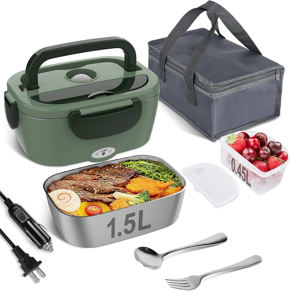 Vabaso Electric Lunch Box for Adults, 80W Heated Lunch Box Portable Food Warmer Lunch Box for Work/Men/Car/Truck with 1.5L 304 Stainless Steel Container Fork &amp; Spoon, 110V/12V/24V Recycled Claim Standard 100