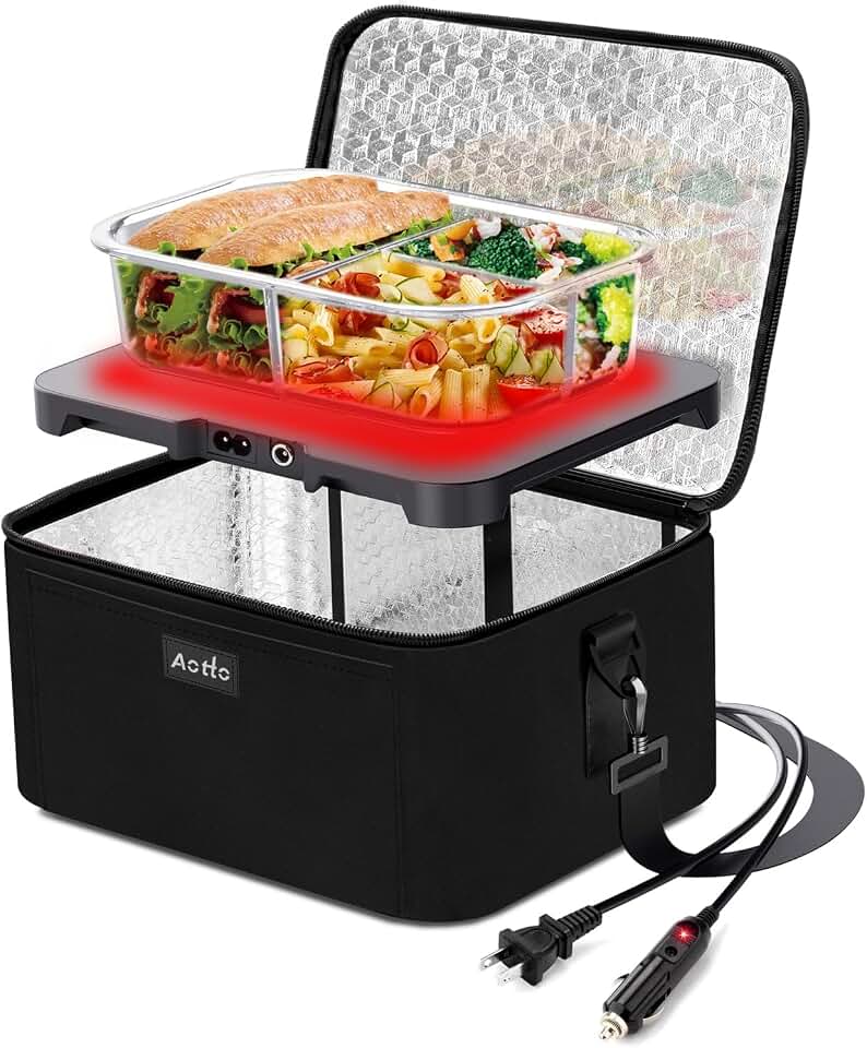 Aotto Portable Oven, Electric Lunch Box Food Heater - 12V/24V/110V 3-in-1 Car Food Warmer - Mini Personal Microwave Heated Lunch Box Warmer for Car, Truck, Travel, Office &amp; Home Use - Black