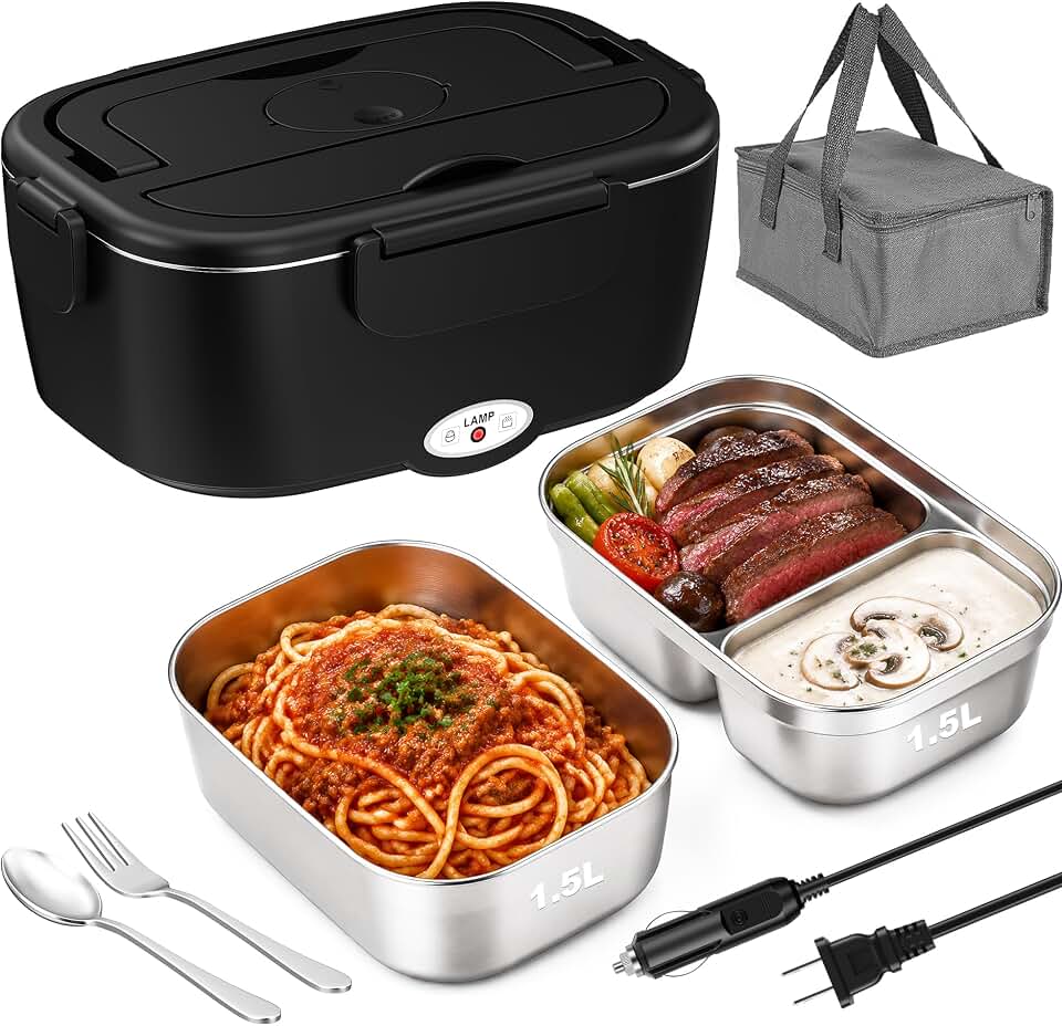 80W Electric Lunch Box Food Warmer for Car/Truck/Office, 110V/24V/12V Portable Heated Lunch Box for Adults, Dual 1.5L Stainless Steel Containers, Leak-Proof &amp; Fast Heating, 3-in-1 Design
