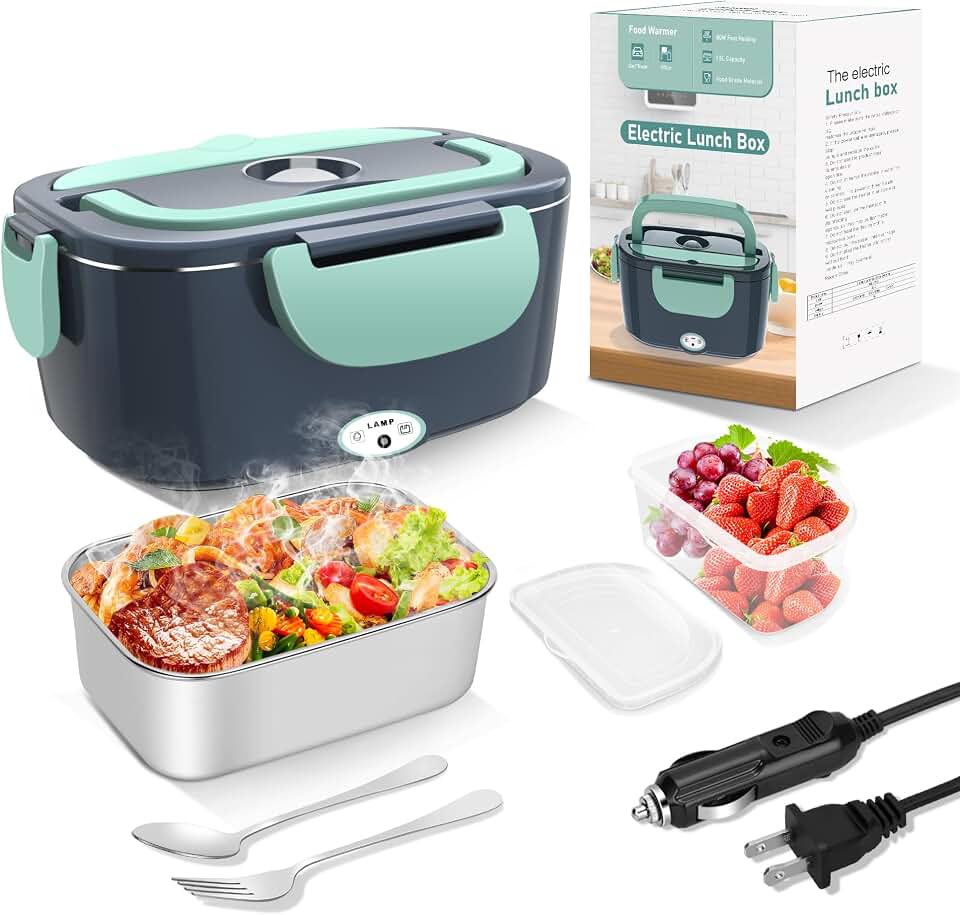 Electric Heated Lunch Boxes Adults: 80W Electric Lunch Box Food Heated 12/24/110V 1.5L Heatable Lunch Box for Car/Truck/Office Leak-Proof Stainless Steel Container, Fork &amp; Spoon, Bag (Grey+Green)