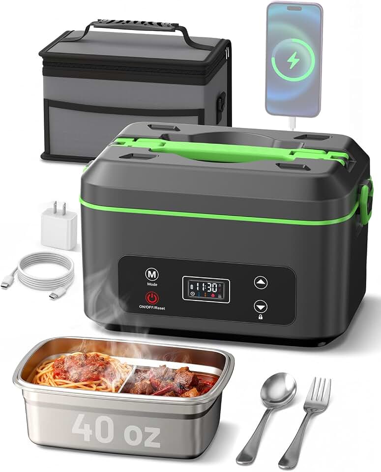 TaskStar Heated Lunch Box, 100W Cordless Electric LunchBox with Scheduled Heating and Leakproof 1.2L Battery Operated Food Warmer for Car Travel Jobsite, Portable for Truck Drivers Workers Adults