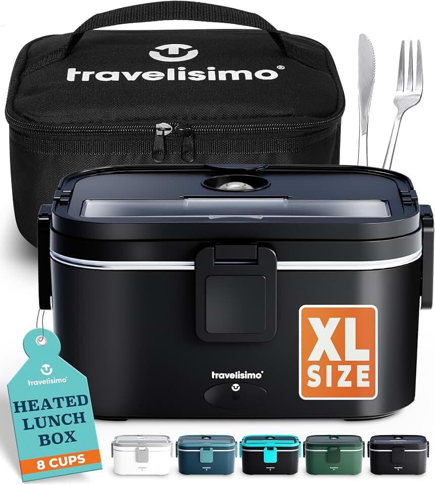 TRAVELISIMO Extra-Large Electric Lunch Box For Adults Holds up to 8 Cups - 100W Heated Lunch Box For Men 1.8L, Portable Food Warmer for Travel &amp; Work, Loncheras Electricas Para Calentar Almuerzo