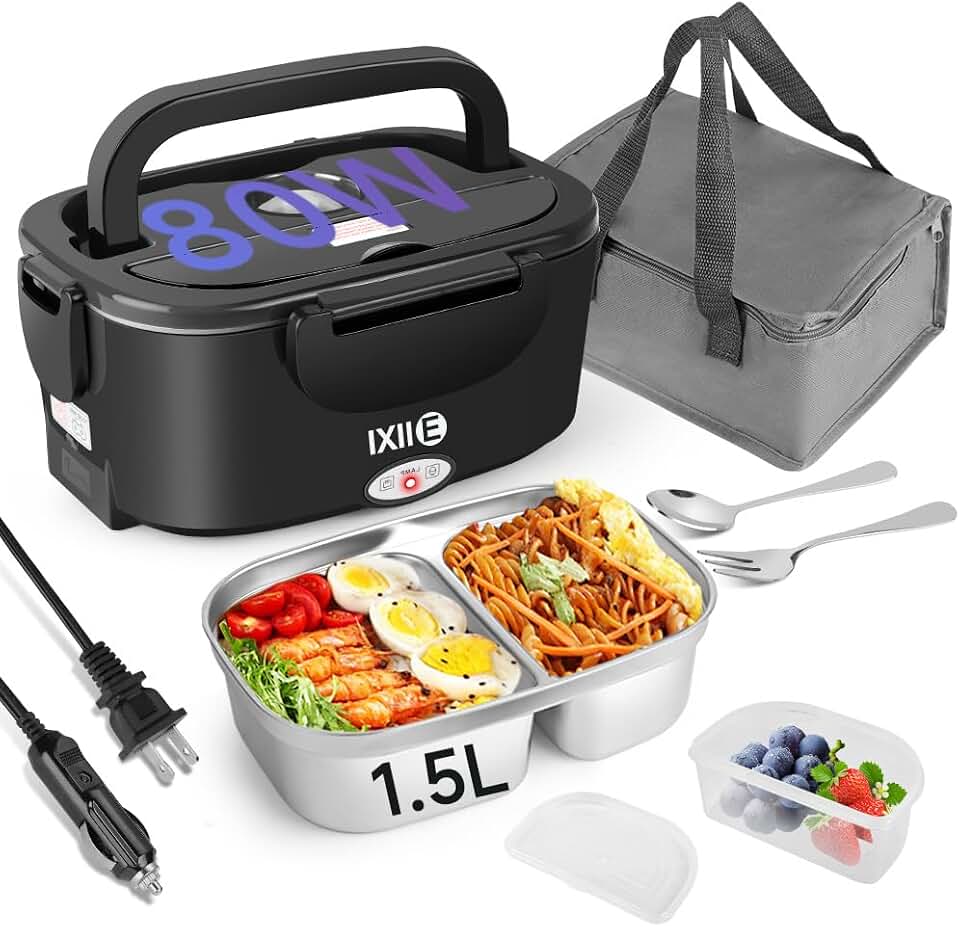IXIIE Electric Lunch Box 8OW for Adults, 1.5L Lunch Warmer with 2 Compartments for Truck/Car/Work, Fast Portable Heated Lunch Box Food Warmer Heater 12/24/110V,Removable Stainless Steel Container
