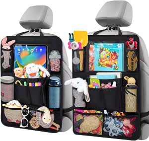 ULEEKA Car Backseat Organizer with 10" Table Holder, 9 Storage Pockets Seat Back Protectors Kick Mats for Kids Toddlers, Travel Accessories, 2 Pack (Black)