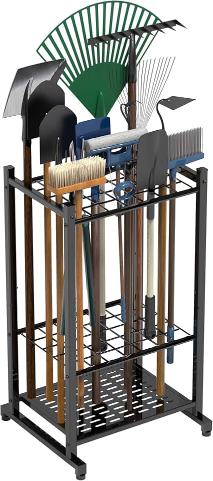 Garden Tool Organizer, Garage Tool Organizer &amp; Garage Organization, Heavy Duty Steel Tool Storage Rack Holds 35 Rakes, Brooms Tools, Broom Holder and Mop Holder, Shed Organizer for Home Organization