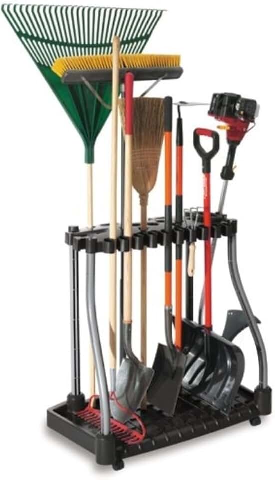 Rubbermaid Garage Tool Tower Rack Easy to Assemble Wheeled Organizes up to 40 Long-Handled Tools/Rakes/ Brooms/Shovles in Home/House/Outdoor/Shed Black