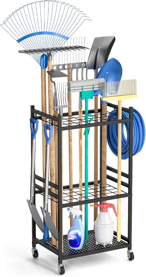 DAOUTIME Garden Organizer With Wheels, Yard Tower Rack for Garage Storage, Up to 35 Long-Handled Tools, Sturdy Metal Steel Holder With 3 Hooks, Outdoor, Black