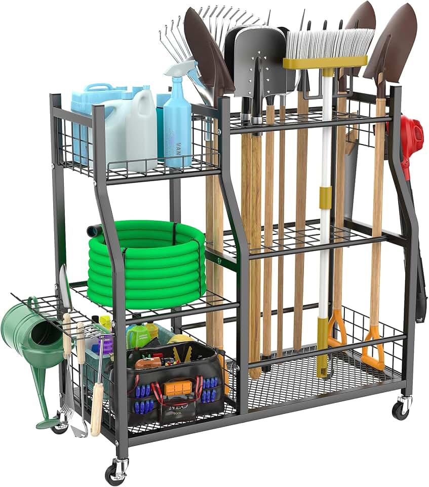 WALMANN Garden Tool Organizer with Wheels, Rakes/Shovels/Yard Tools Stand | Large Storage Capacity, Freestanding Tool Rack for Garage, Shed, Garden, Indoor/Outdoor Long-Handled Tools Rolling Cart