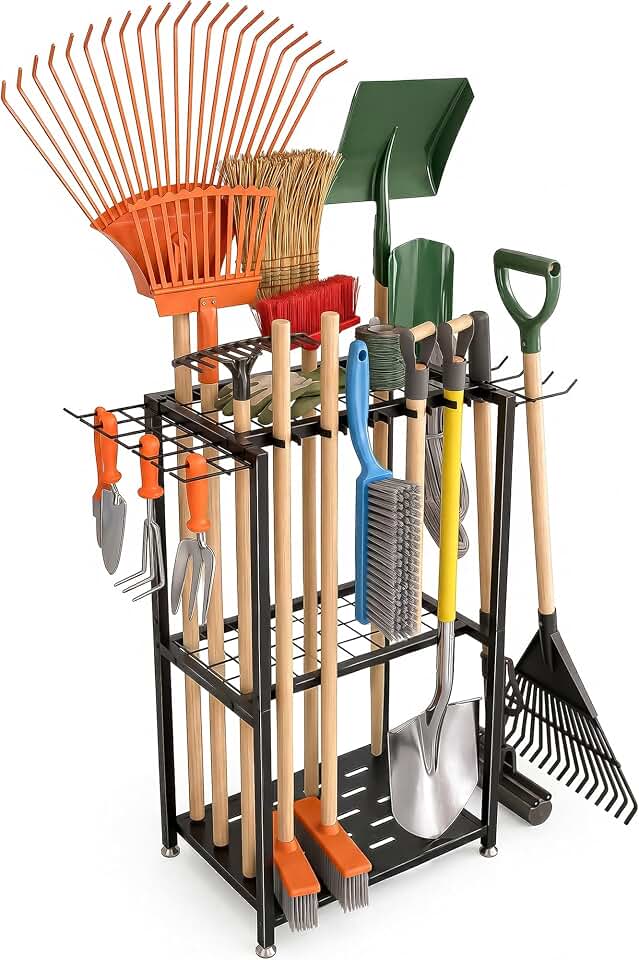 Faesun Garden Tool Organizer, 3-Tier Metal Yard Tool Rack with 14 Hooks &amp; 5 Slots, Holds 50+ Rakes/Shovels/Brooms, Heavy Duty Freestanding Lawn Tool Storage for Garage Shed Outdoor Organization