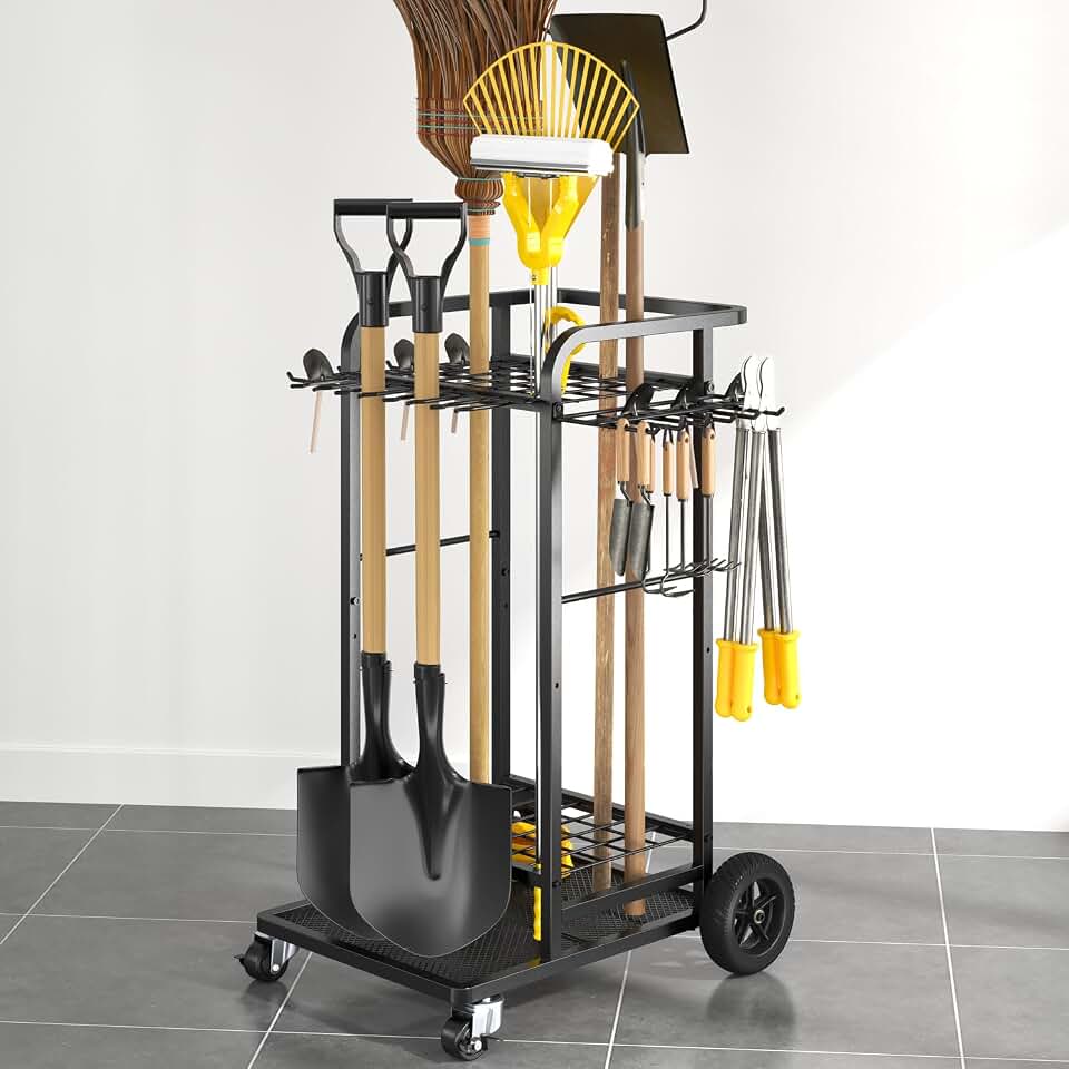 SOYEEZE Garden Tool Organizer with Large Wheels, Heavy Duty 3-Tier Yard Tower Tool Rack for Garage, Holds Up to 35 Long-Handled Tools, Garden Tool Cart with 12 Hooks for Tool Organization Storage