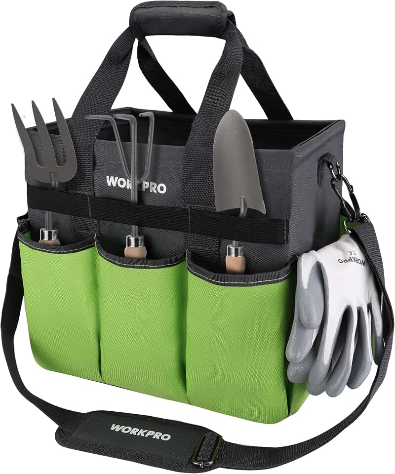 WORKPRO Garden Tool Bag, 10 Pockets and Shoulder Strap, Green | Heavy Duty Gardening Organizer Tote Bag, Standable Garden Tool Organizer (Tools not Included)