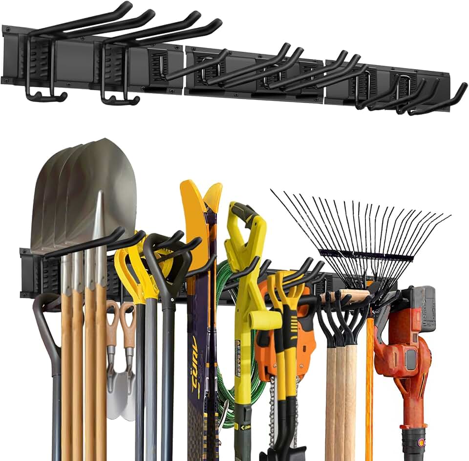 Garage Tool Organizer Wall Mount, 48in Tool Rack, 420LBS Capacity | Thick Steel, 3 Panels, 8 Movable Hooks in 4 Types, Rustproof Waterproof, Soft Anti-Scratch Hooks, Garden &amp; Lawn Tool Storage