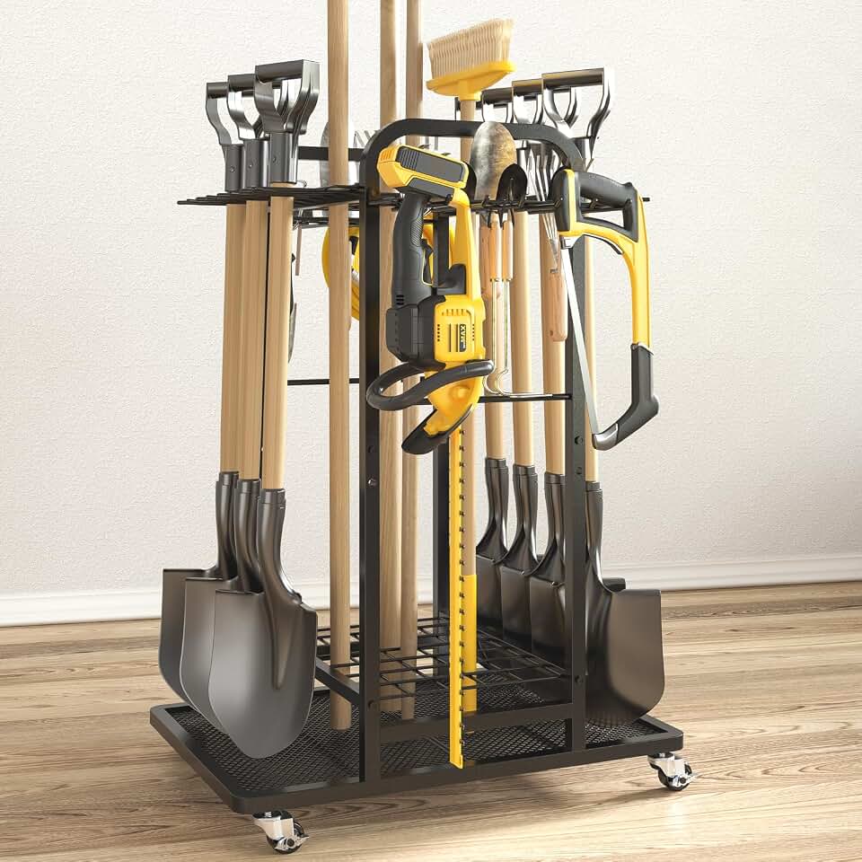 SOYEEZE Garden Tool Organizer with Lockable Wheels, Heavy Duty 3-Tier Yard Tower Tool Rack for Garage, Holds Up to 35 Long-Handled Tools, Garden Tool Cart with 12 Hooks for Tool Organization Storage