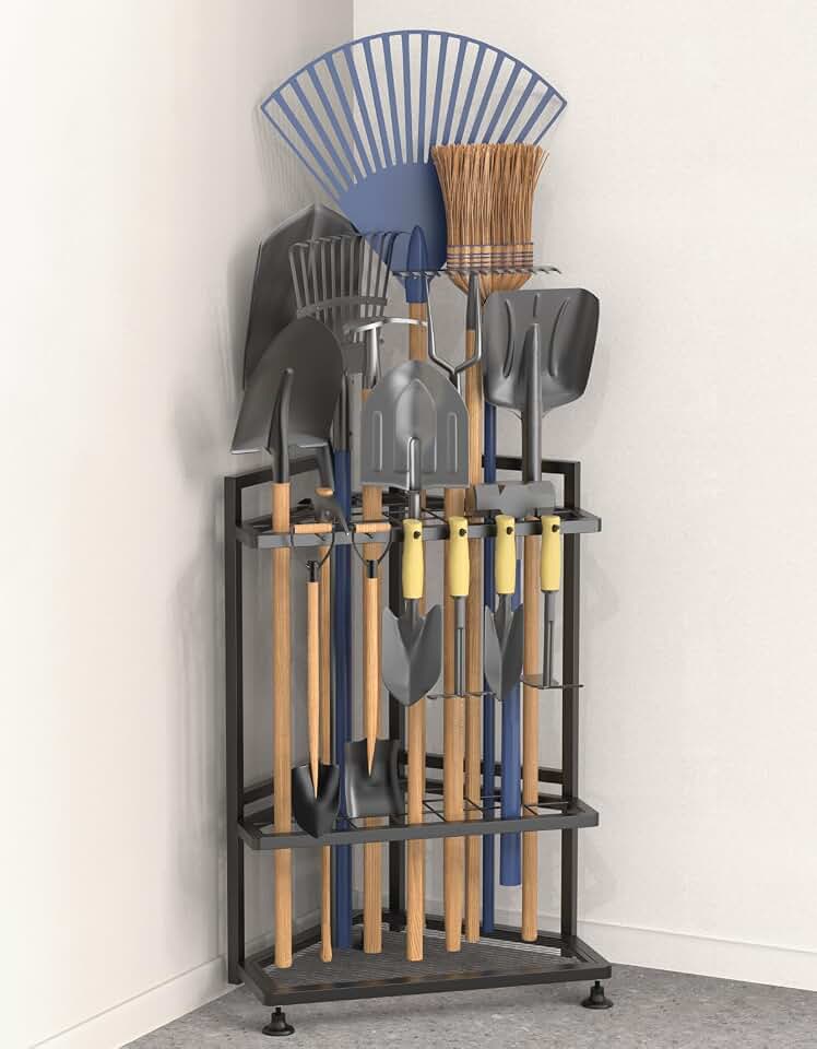 Garden Tool Organizer for Corner,Metal Yard Tool Organizer for Long-Handled Tools/Rakes/Brooms,Side Garden Pocket,Heavy Duty Steel Yard Tool Storage Rack for Garage,Shed, Outdoor