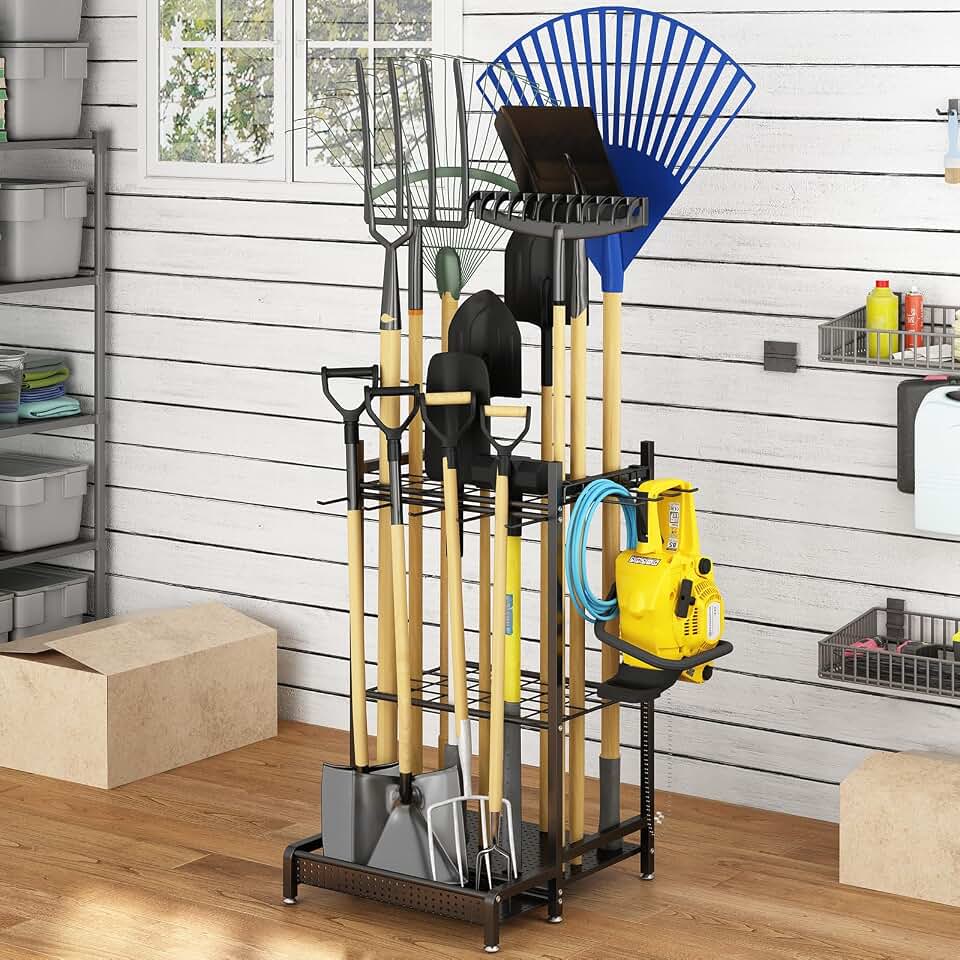 Garden Tool Organizer for Garage, Utility Storage Racks with Hooks, Metal Yard Tool Stand Holder Organizer for Long-Handled, Broom, Shovel, Rake, Sturdy Heavy Rack for Outdoor, Yard, Black