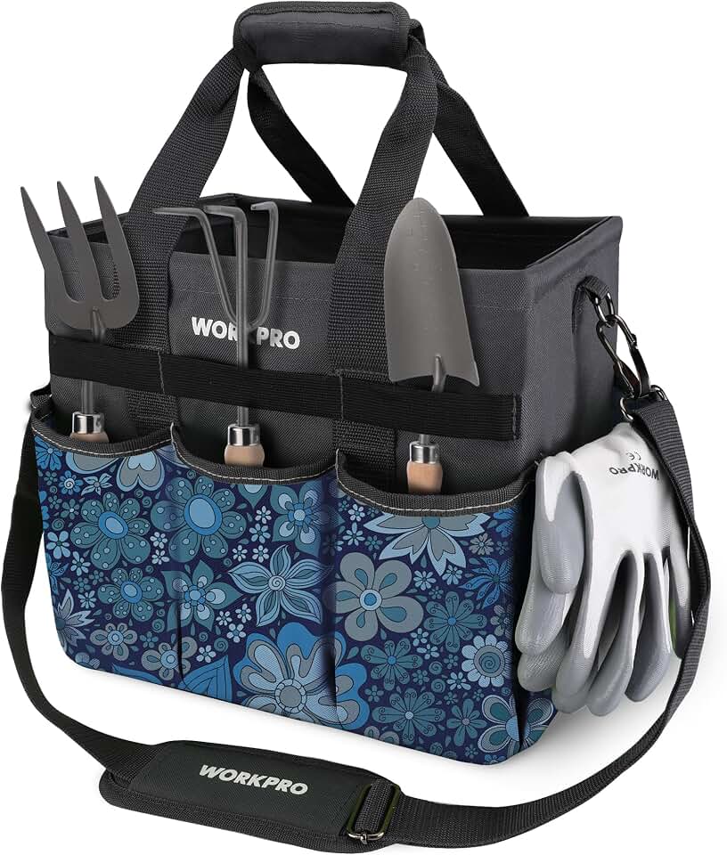 WORKPRO Garden Tool Bag, 10 Pockets and Shoulder Strap, Floral Blue | Heavy Duty Gardening Organizer Tote Bag Standable Garden Home Tool Kits Organizer (Tools are not Included)
