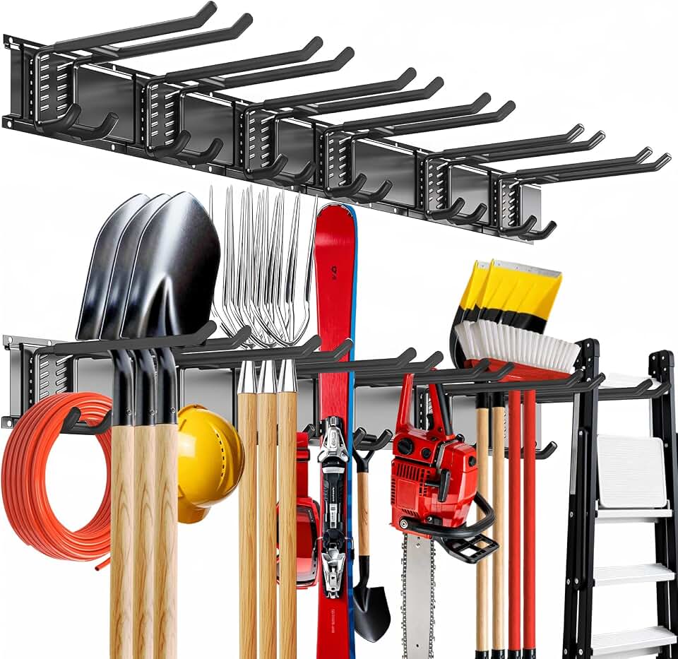 Garage Tool Organizer Wall Mount, 48inch Heavy-Duty Garage Storage System and Garden Tool Organizer with 6 Adjustable Double Hooks for Shovel, Snowboard, Yard Tools and Shed