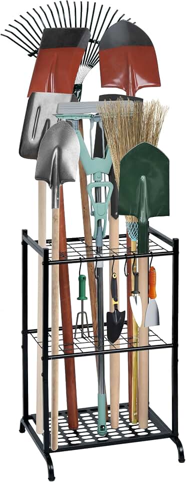 RANXFLOAT Garden Tool Organizer with Storage Hooks, Yard Tool Tower Rack for Garage Organization and Storage, Up to 35 Long-Handled Tools, Metal Tool Holder with 6 Hooks, Black