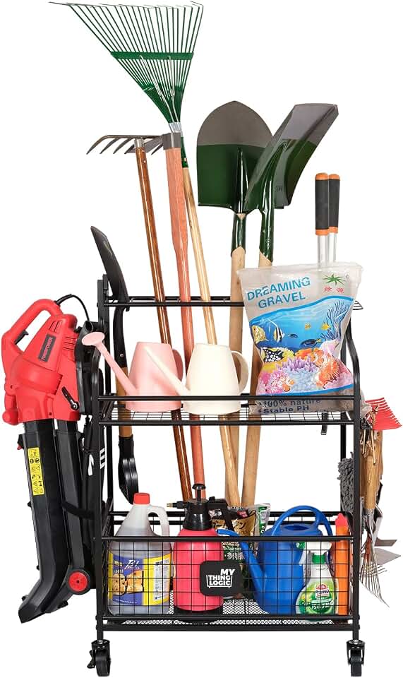 Mythinglogic Rolling Garden Tool Organizer for Garage, Yard and Lawn Tools | Metal rolling rack with multiple tool slots, movable hooks and locking casters for rakes, shovels, brooms and yard tools Recycled Claim Standard Blended